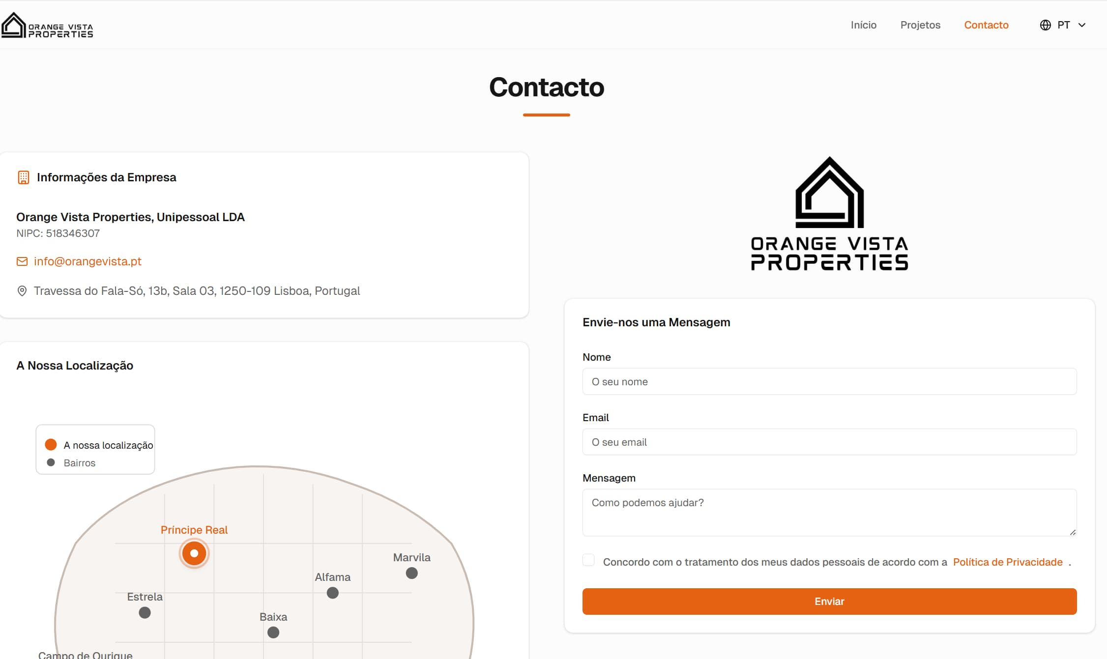 Orange Vista - Contact page with map and form