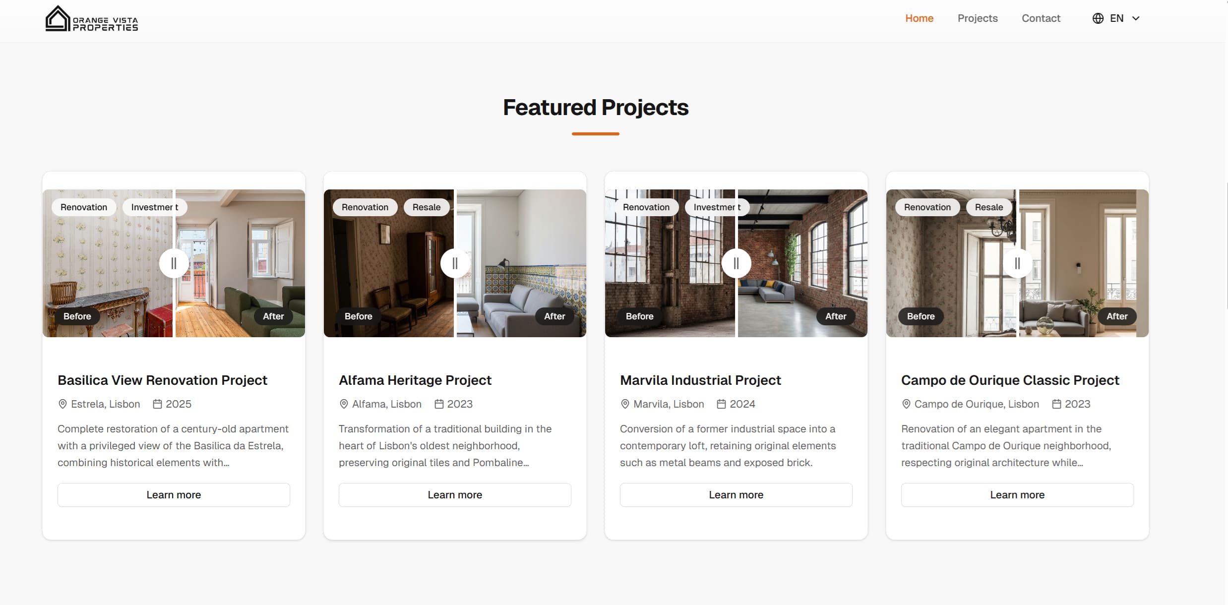 Orange Vista - Featured Projects page with renovation property cards